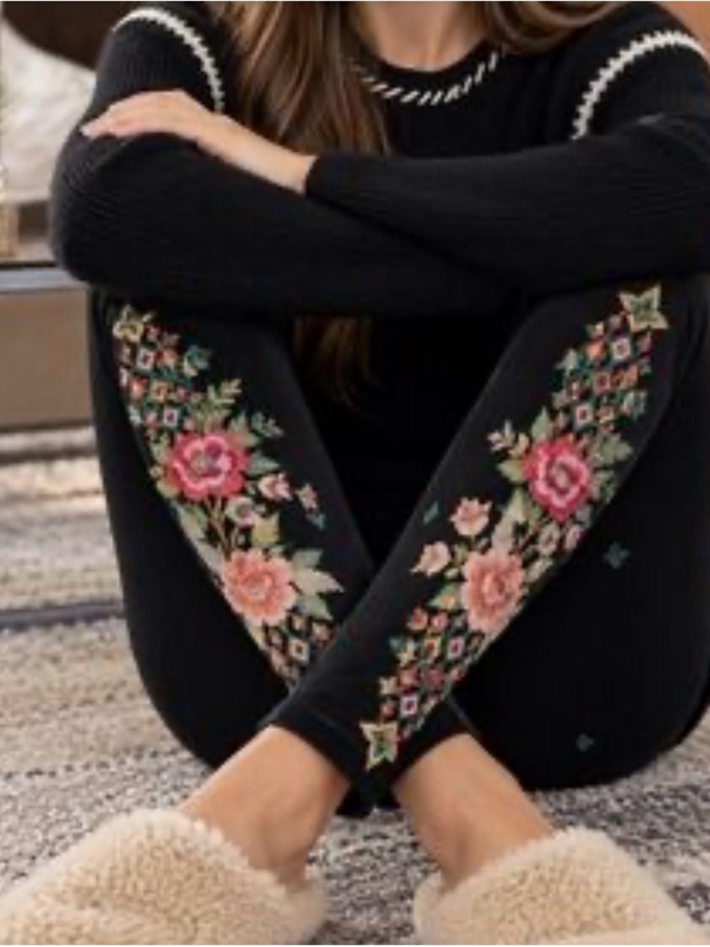Johnny Was Embroidered Floral Black Leggings Large